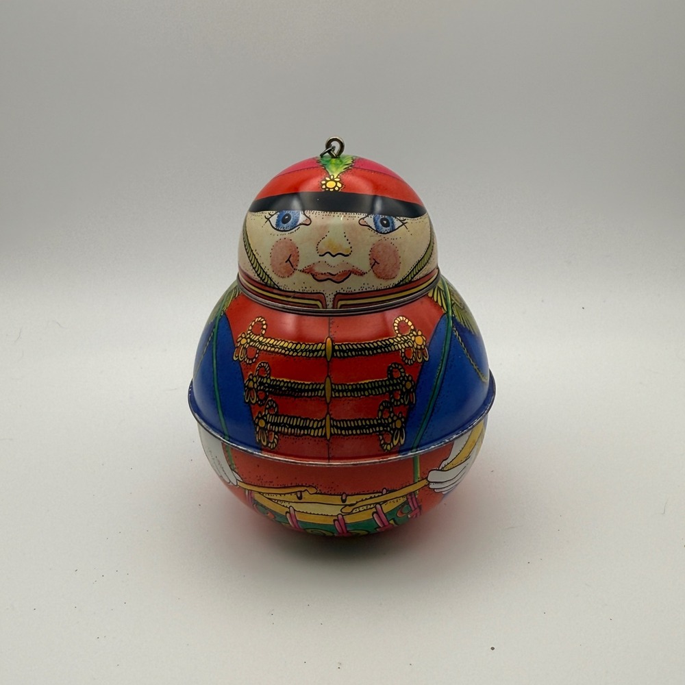Vintage 1991 Hallmark Nutcracker Toy Soldier Round Metal Tin Ornament Gift Box